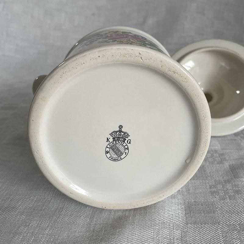 フランス製KGリュネヴィル 蓋付きつぼ 植物画キャニスター