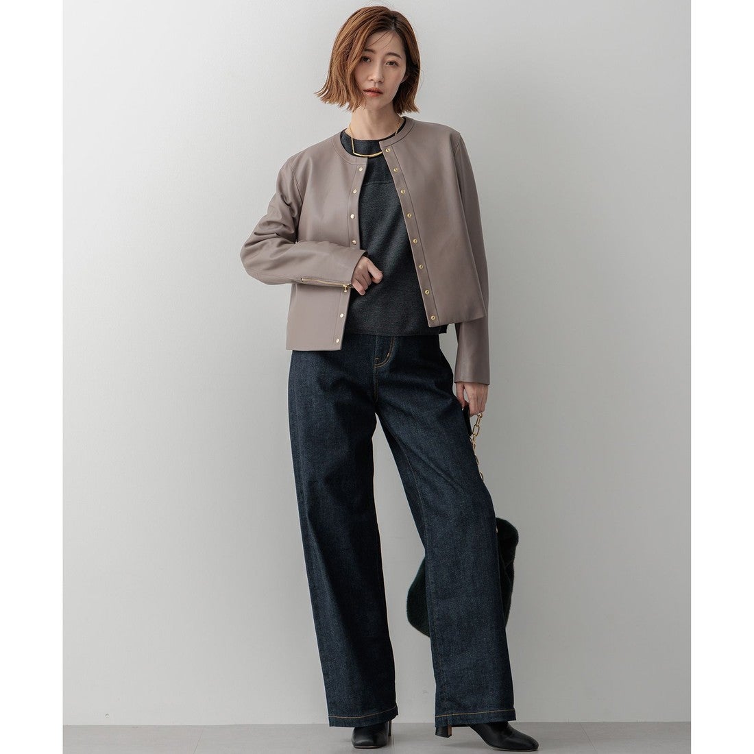 23区（大きいサイズ） ラムレザー ノーカラージャケット （トープ系