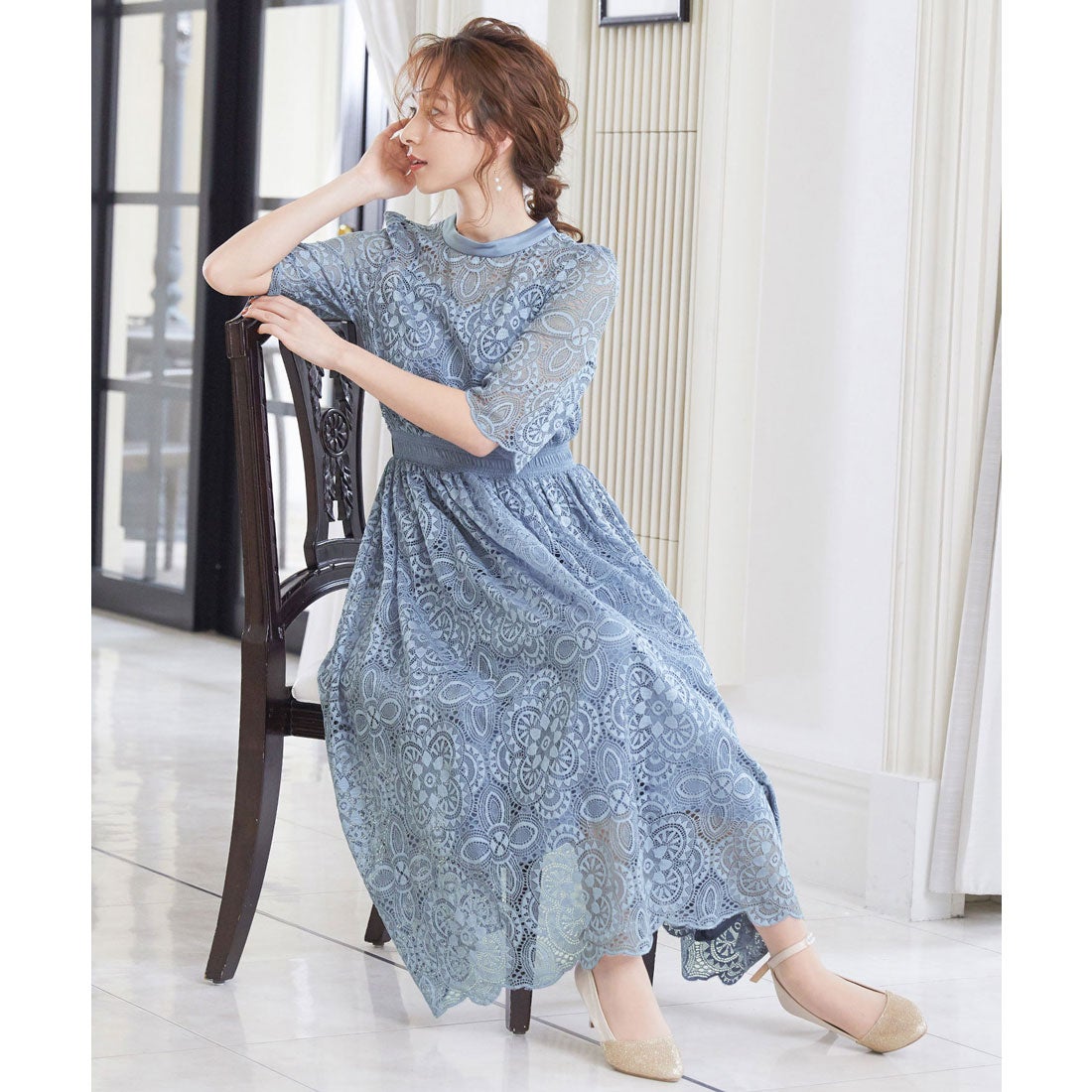 ニアナ niana ペチワンピ付き ハイネック シアーレースロング 結婚式