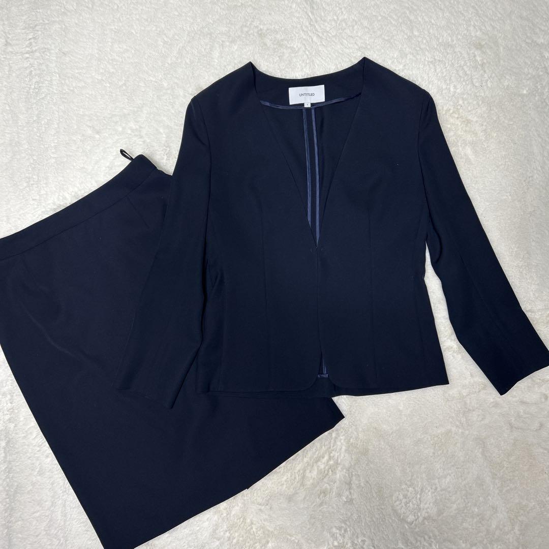 ✨美品✨UNTITLED スカートスーツ ノーカラー ネイビー 1サイズ 洗える ニッセン（nissen） スーツ スカート 大きいサイズ レディース うす