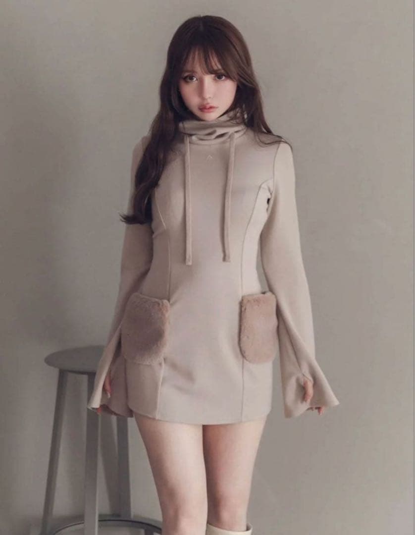 andmary Fur pocket mini dress ベージュ ANDMARY】Fur pocket mini dress