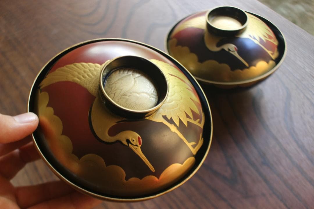 時代逸品！時代金縁黒漆に極上日の出鶴蒔絵の映えるお椀2点（