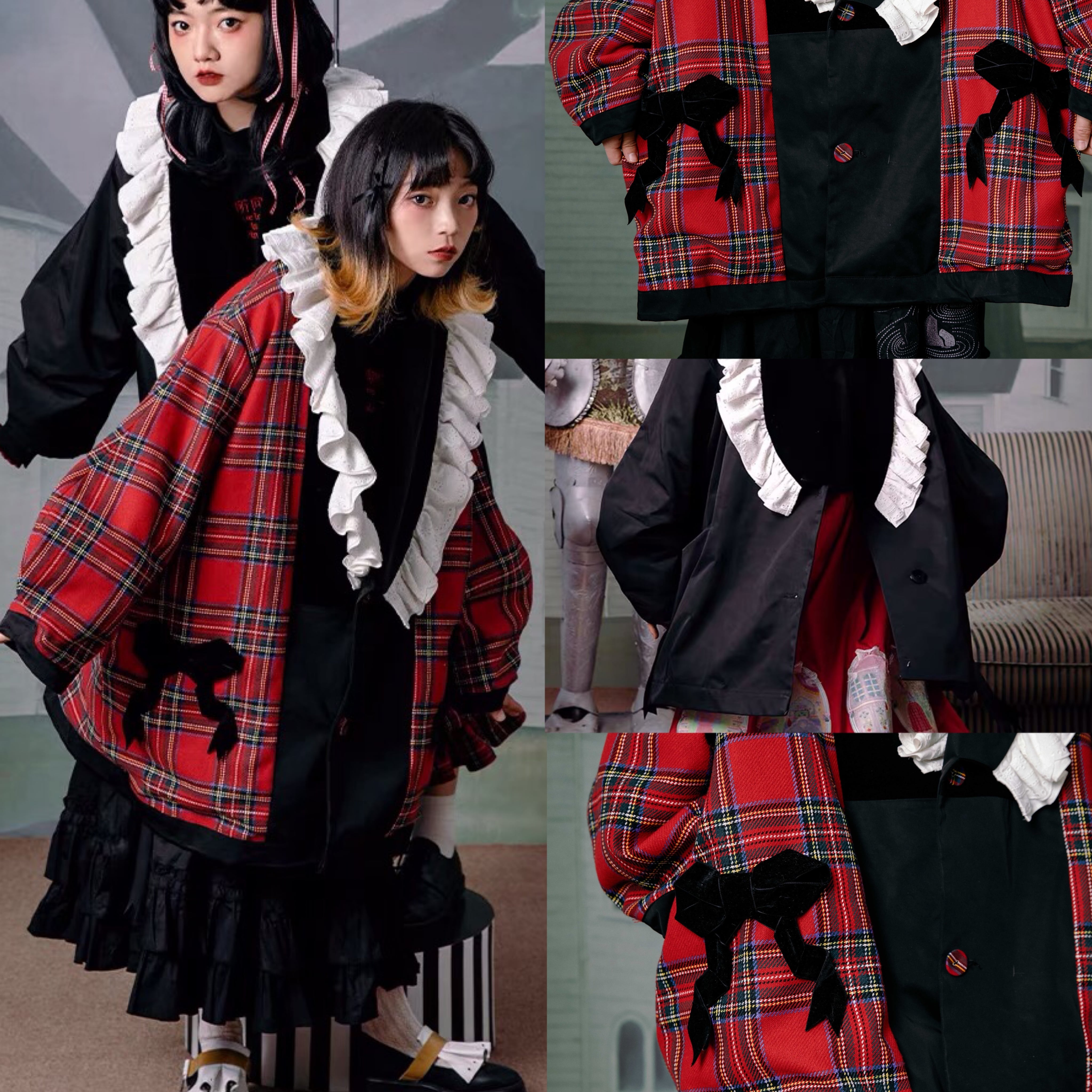 リバーシブル】コート 赤 リボン チェック 黒 フリル 原宿 古着